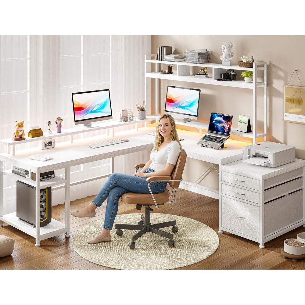 104-inch L-Shaped Desk for Dua - огляд і ціна Desk Setup Dual Monitor